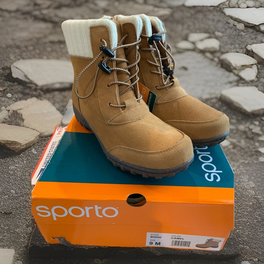 Sporto® Boho Ankle Boot Women's Suede Lace-Up Camel‎ 9M Water-Resistant Side Zip